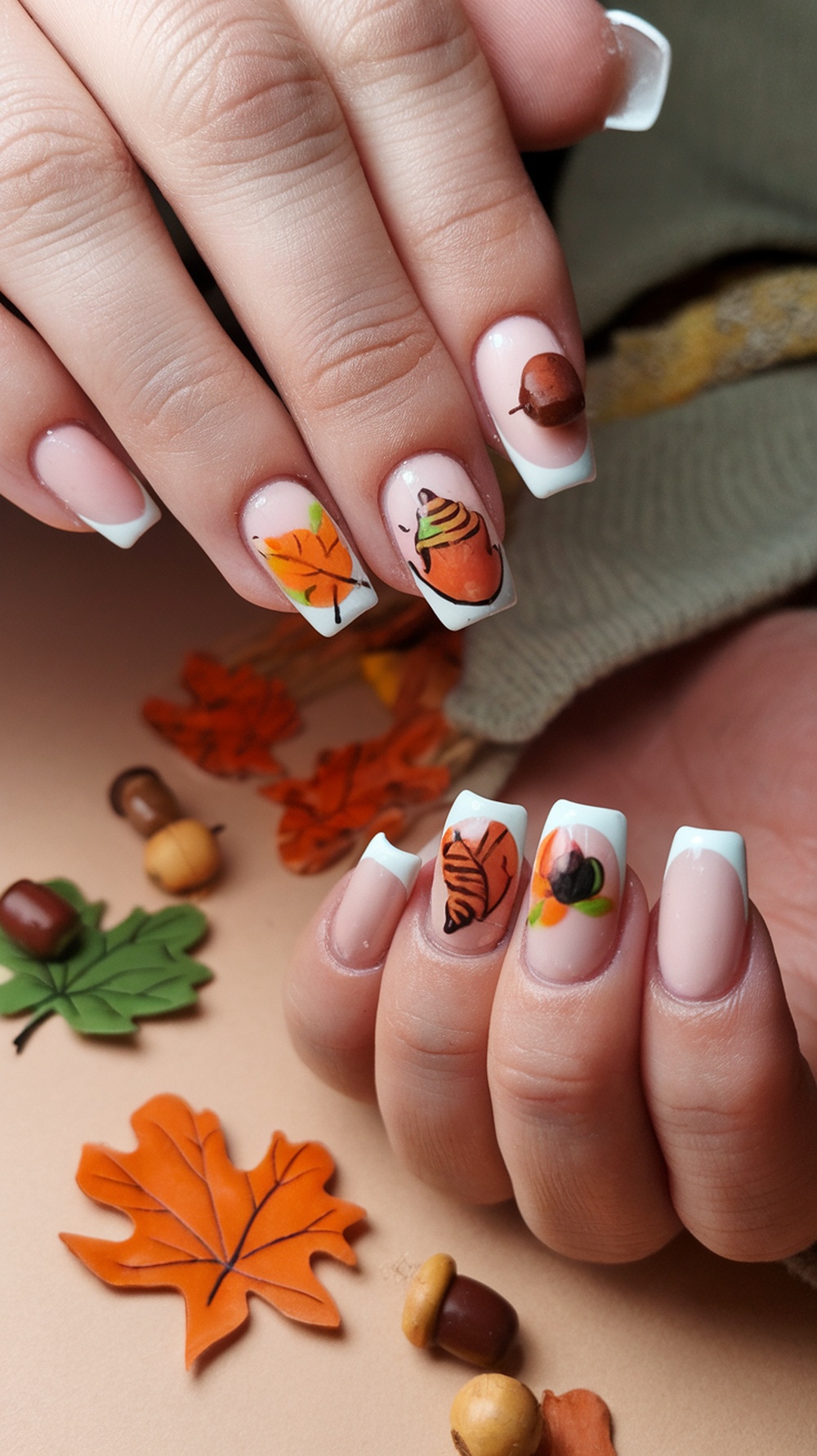 Nail art featuring autumn-themed designs like pumpkins and leaves on a neutral background.