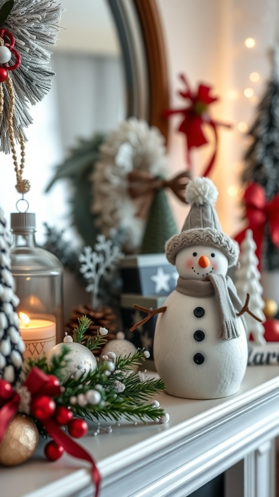A whimsical snowman decoration with a scarf and hat, surrounded by winter decor elements.