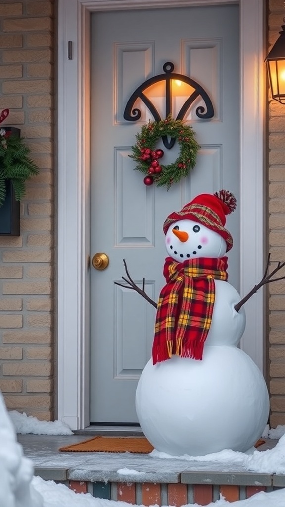 A cheerful snowman wearing a red hat and plaid scarf stands by a front door decorated for winter.