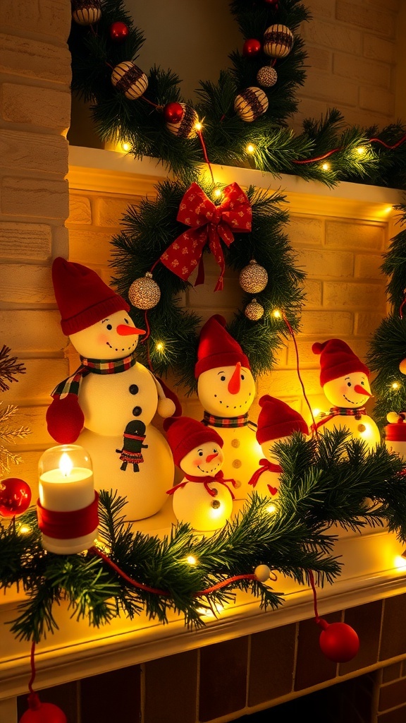 A collection of whimsical snowman figurines decorated with festive accessories.