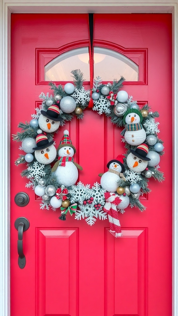 A whimsical snowman-themed wreath on a pink door, featuring snowmen, ornaments, and snowflakes.