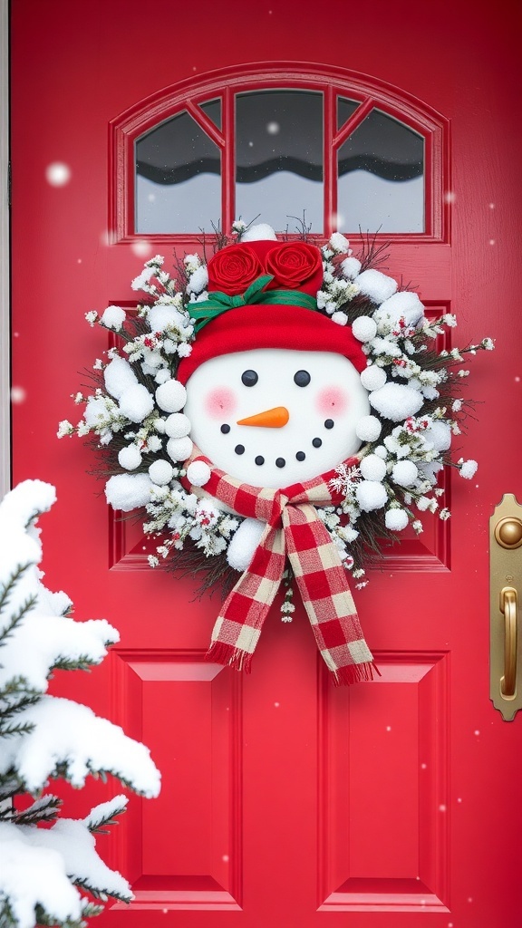 A whimsical snowman wreath on a red front door, surrounded by snow.