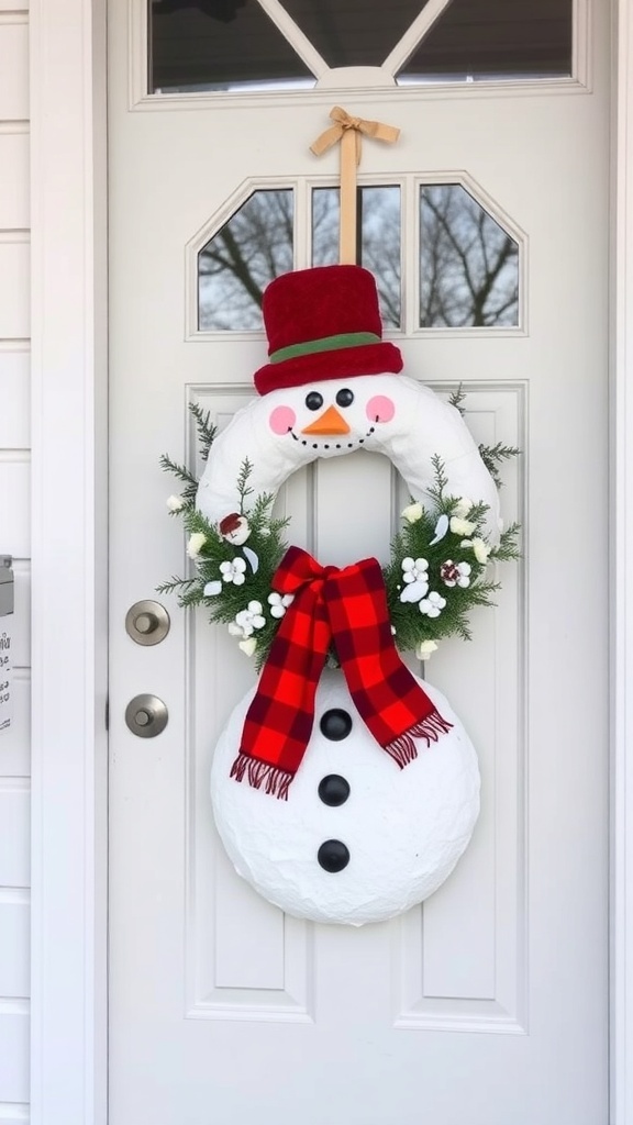 A whimsical snowman wreath with a red hat, scarf, and greenery, hanging on a front door.