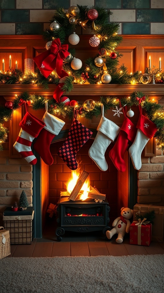 A cozy Christmas scene featuring a fireplace adorned with colorful stockings and festive decorations.