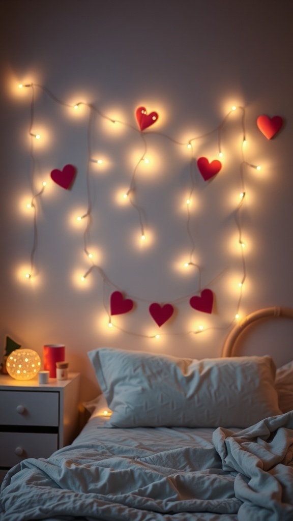 A cozy bedroom with whimsical string lights and heart decorations on the wall.