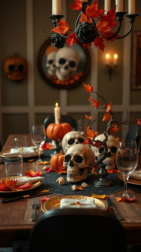 A Halloween-themed table centerpiece featuring skulls, pumpkins, and autumn leaves.