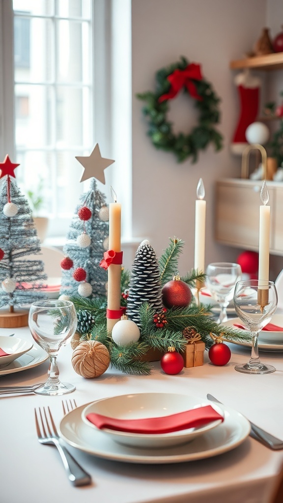 A festive table centerpiece featuring mini Christmas trees, candles, and ornaments.