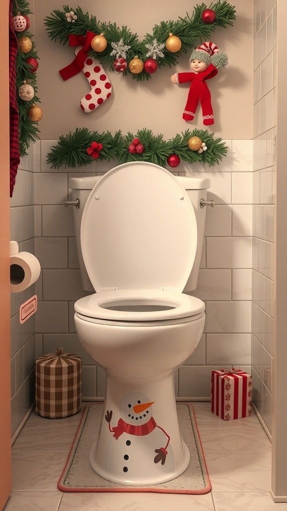 A whimsical snowman toilet cover with Christmas decorations around it.