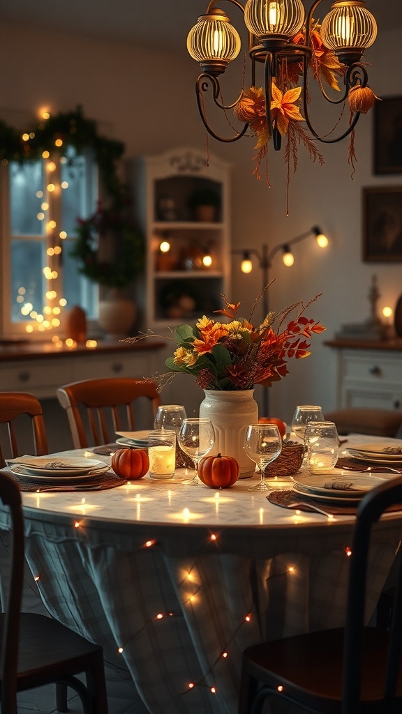 A cozy dining room table decorated with fairy lights, pumpkins, and autumn leaves.