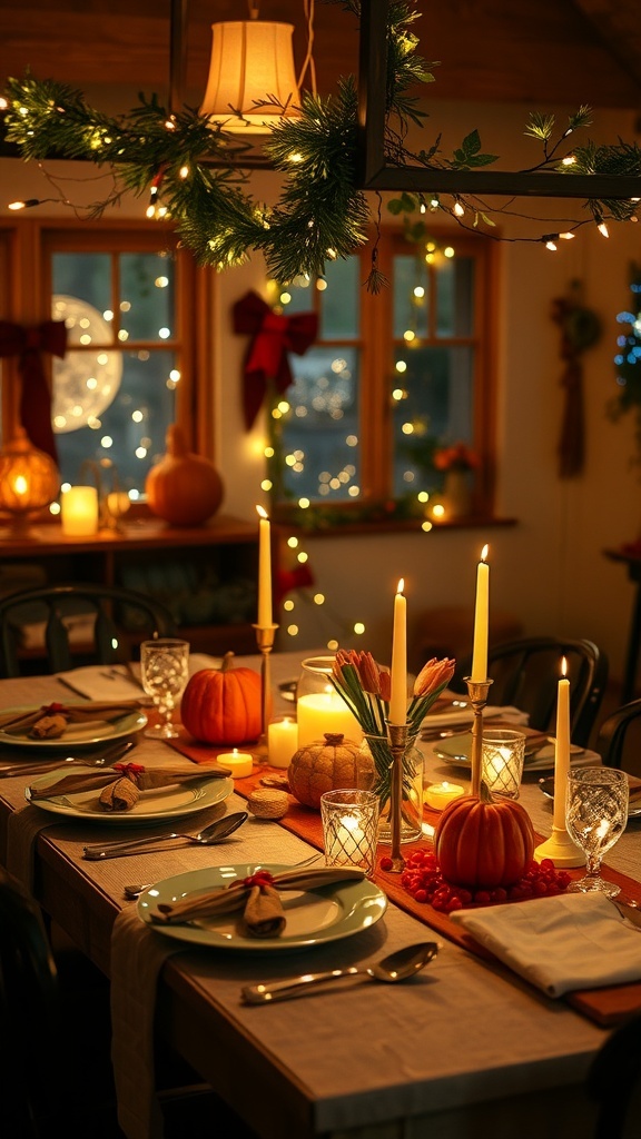 A Thanksgiving table setting with fairy lights, pumpkins, and candles.