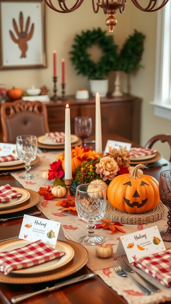Thanksgiving table with pumpkins, leaves, and fun place cards