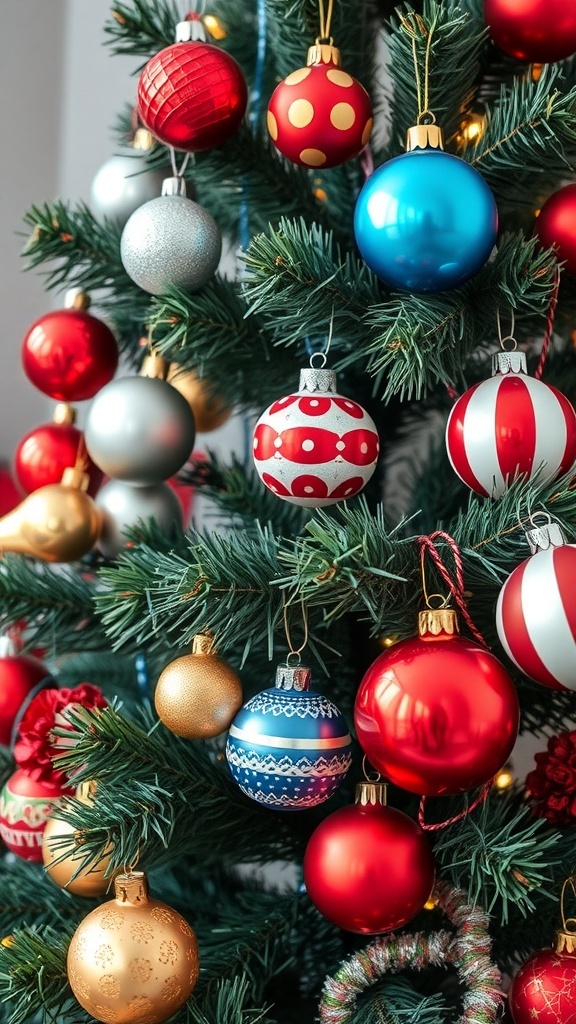 A close-up of a Christmas tree adorned with colorful ornaments in various shapes and designs.