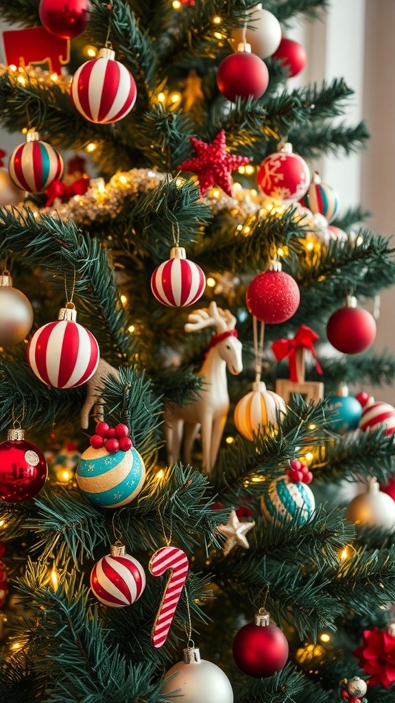 Close-up of a Christmas tree adorned with colorful ornaments and lights.