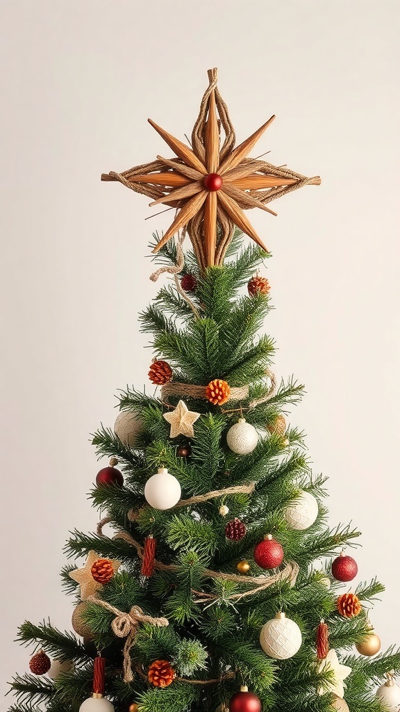 Boho Christmas tree with a wooden star topper and colorful ornaments.