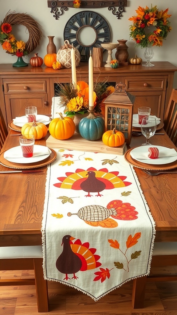 Thanksgiving table runner featuring a whimsical turkey design.