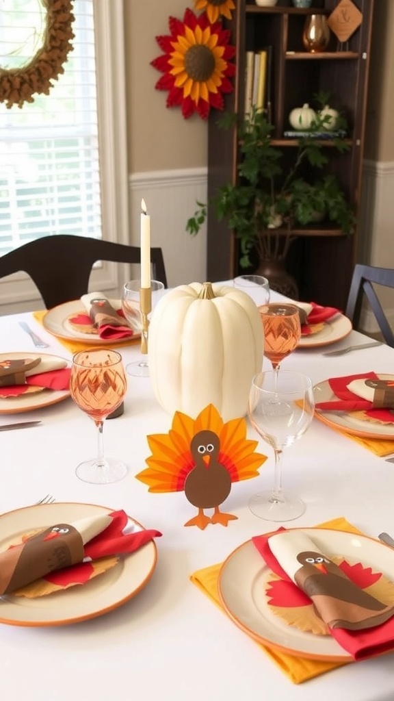 A Thanksgiving table set with a whimsical turkey theme, featuring colorful napkins, pumpkins, and autumn leaves.