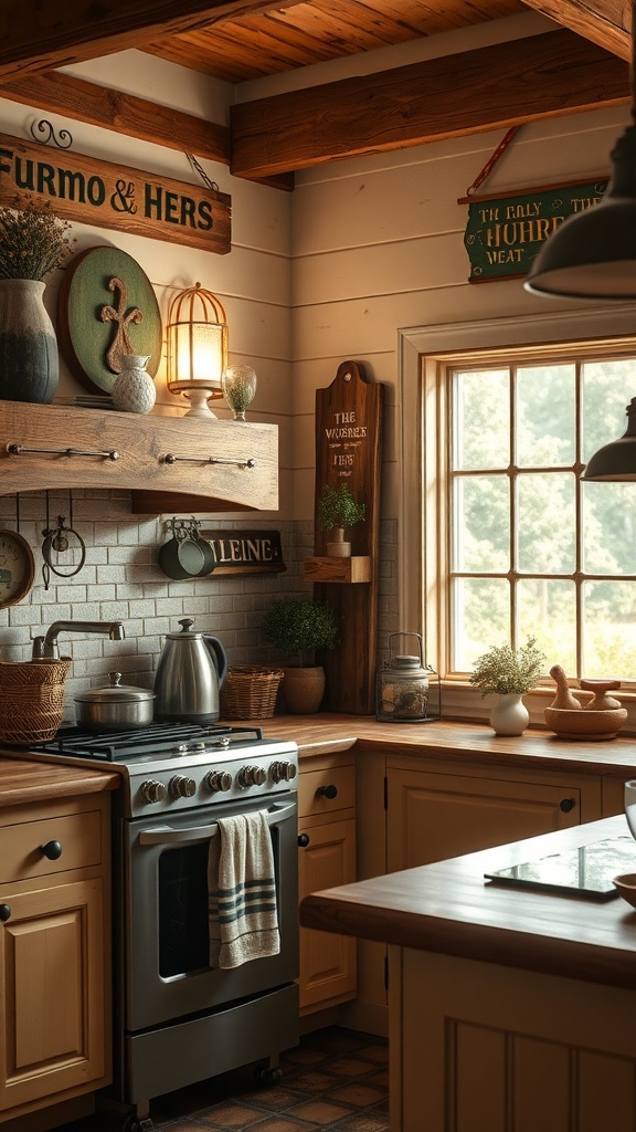 A cozy farmhouse kitchen with various whimsical wall art and signs displayed on the walls.