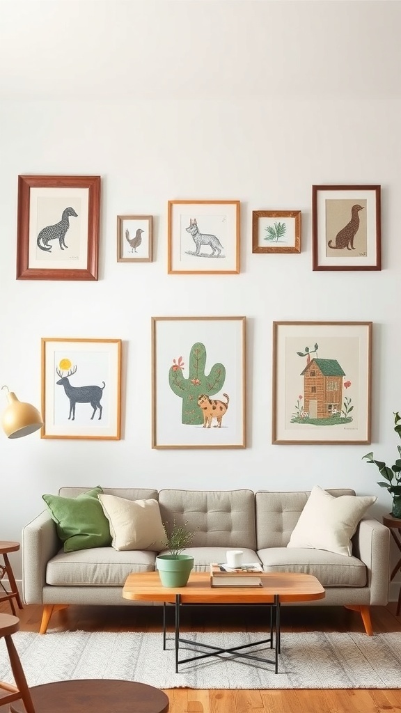 A vintage cottage living room with whimsical wall art featuring animal prints and nature themes.