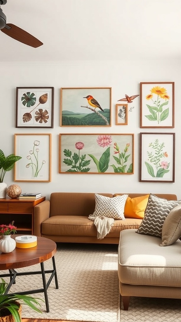 A cozy living room featuring a gallery wall of whimsical botanical and bird art.