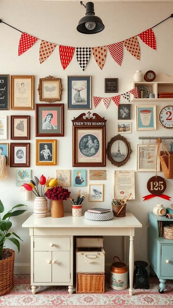 A vintage craft room featuring a wall decorated with various framed artworks and colorful bunting.