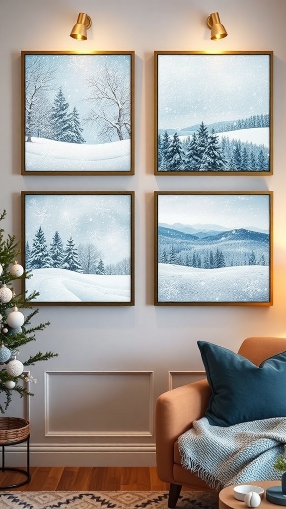 A winter-themed wall art featuring snowflakes and a snowy landscape with the text 'Halcy Winter'.