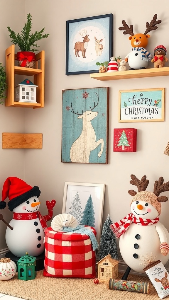 A cozy winter decor scene featuring a snowman, plush reindeer, colorful pillows, and festive decorations.