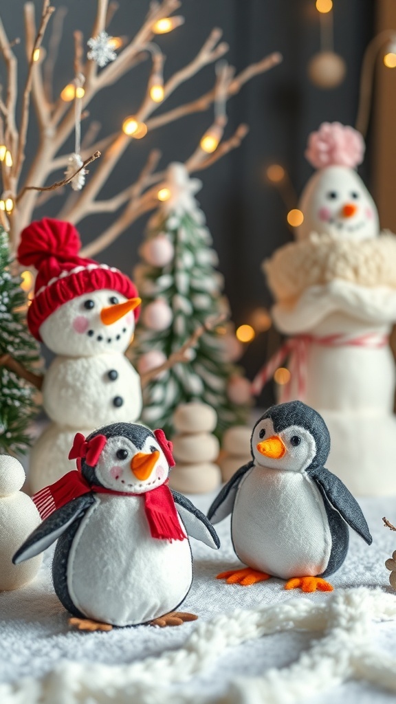 A cozy winter scene featuring cute penguin decorations and a snowman.