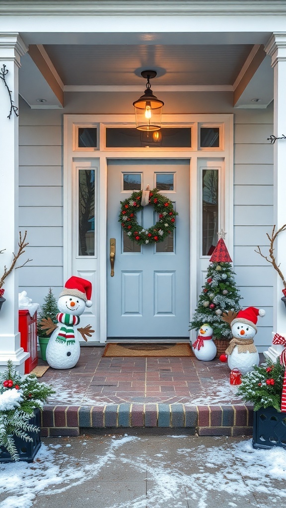 A winter front porch decorated with snowmen, a penguin, and a Christmas wreath.