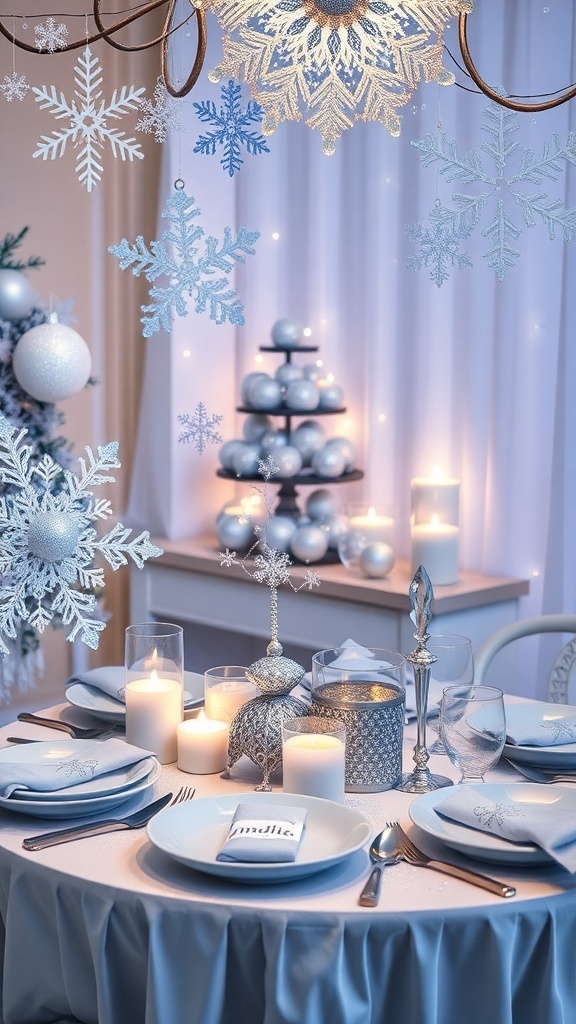 A beautifully set Christmas table with blue tones, snowflake decorations, and glowing candles.