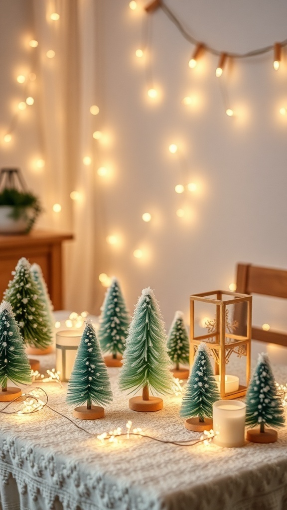 A winter tablescape featuring miniature trees, candles, and warm lights.
