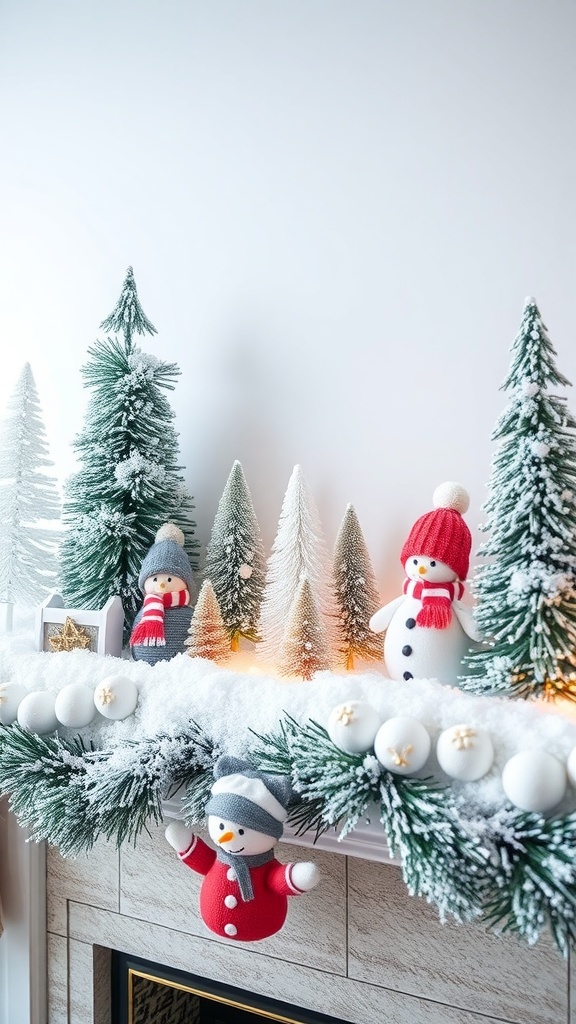 A winter mantle decorated with snowmen and snowy trees.