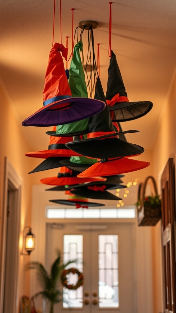 Colorful witch hats hanging from the ceiling in a Halloween-themed entryway.