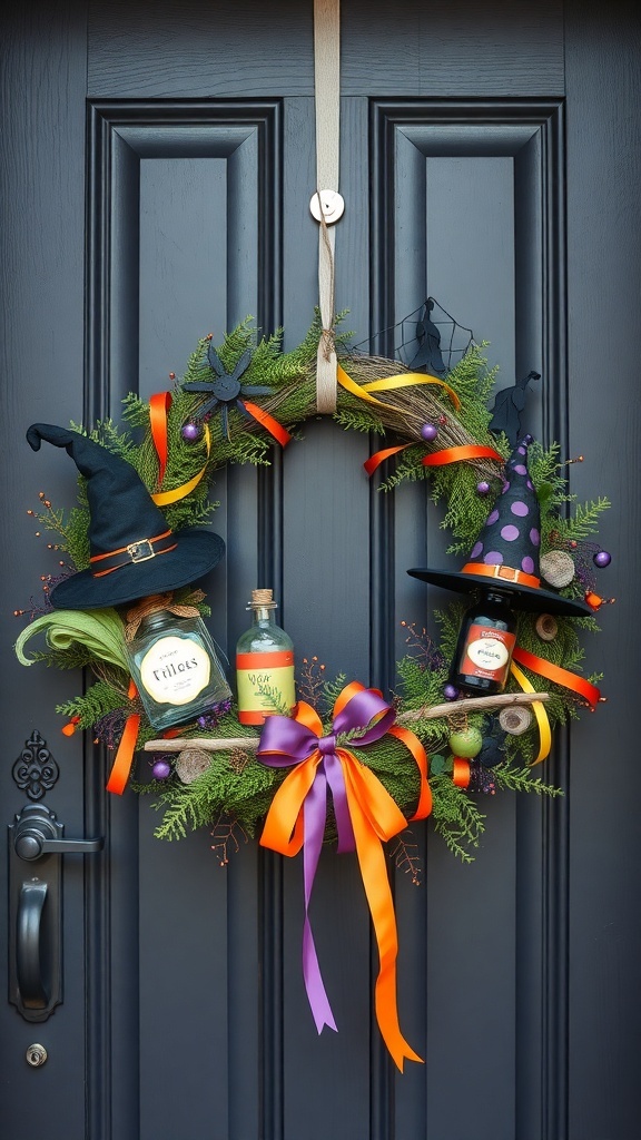 A whimsical Halloween wreath featuring witch hats, potion bottles, and colorful ribbons.