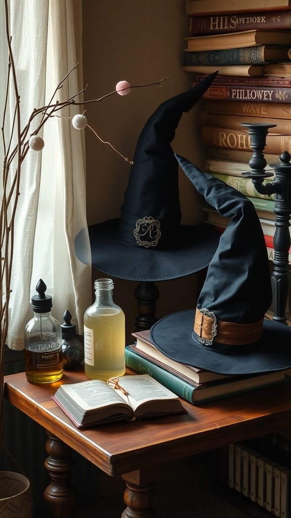 A cozy corner with two black witch hats, glass bottles, and an open book on a wooden table.