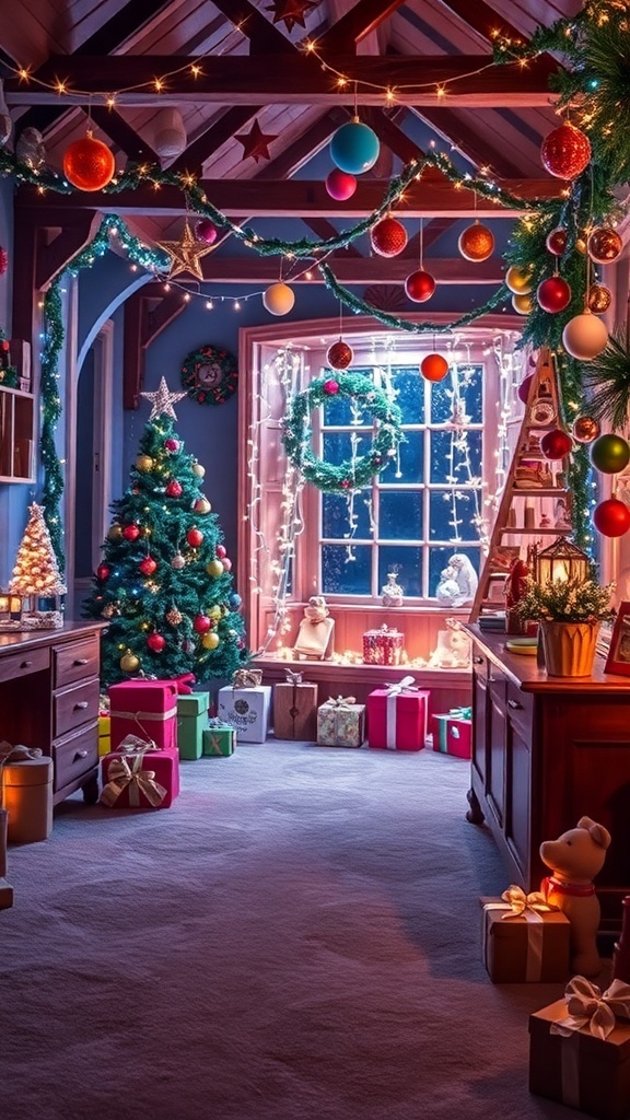 A cozy Christmas room decorated with fairy lights, a Christmas tree, and colorful ornaments.