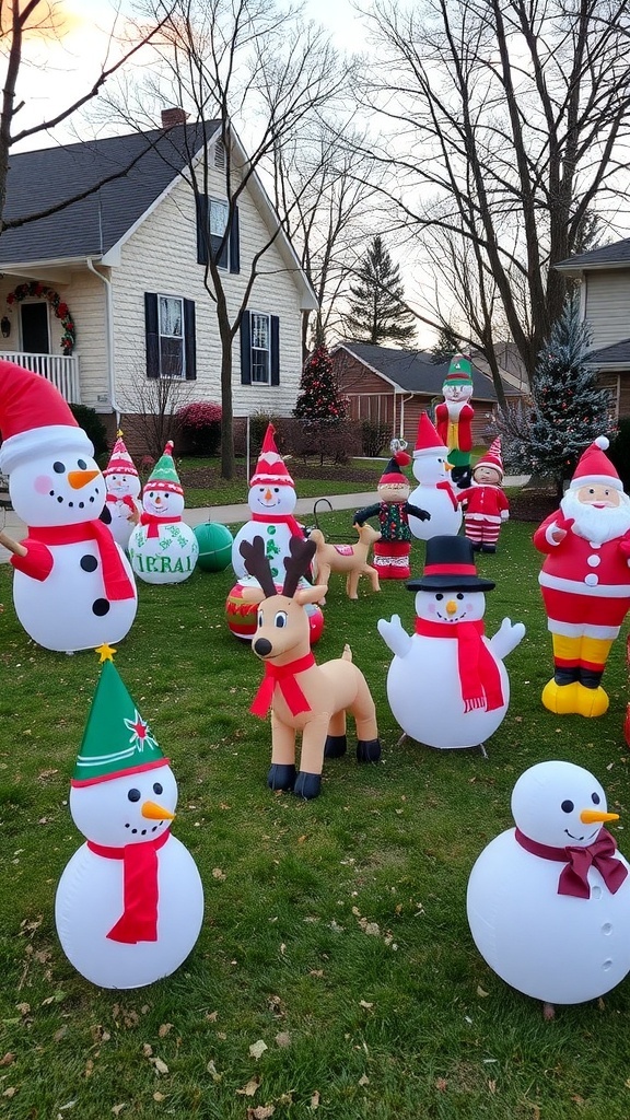 A festive outdoor display featuring inflatable Christmas decorations including a snowman, reindeer, and Santa.