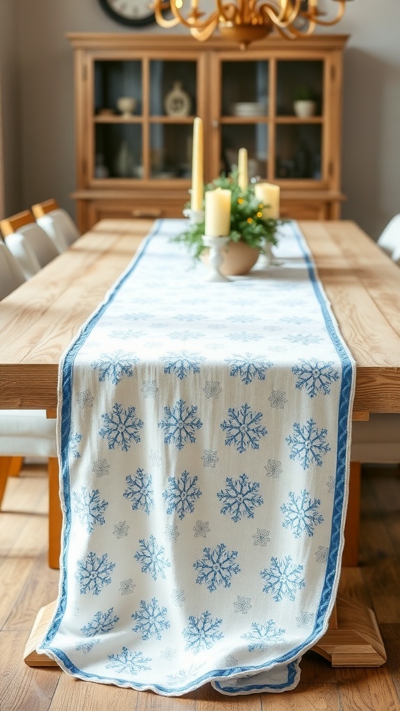 A white table runner with blue snowflake patterns on a wooden dining table.