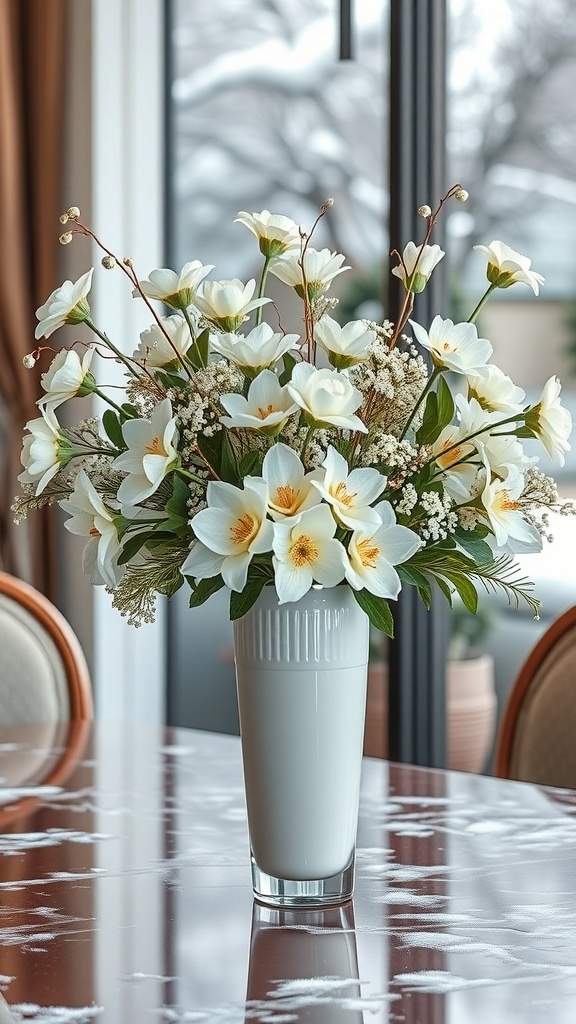 A beautiful white and gold floral arrangement in a vase, set against a snowy backdrop.