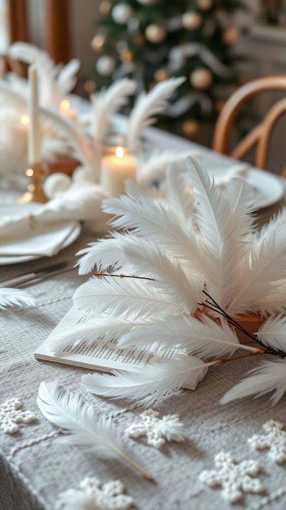 A beautifully decorated table with white feather accents, candles, and winter-themed decorations.