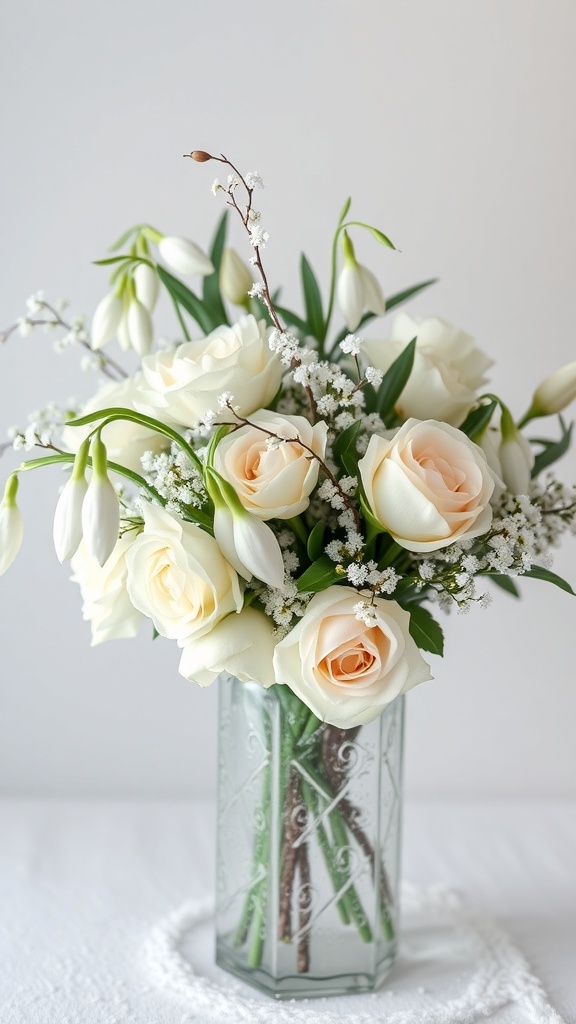 A bouquet of white roses and snowdrops in a clear vase.