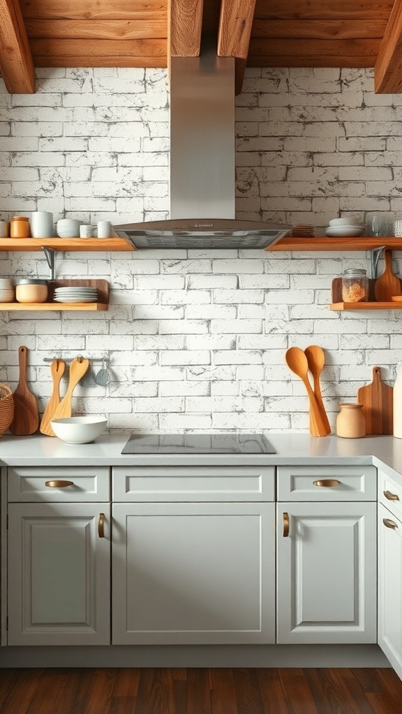 Rustic farmhouse kitchen with whitewashed brick backsplash and wooden shelves