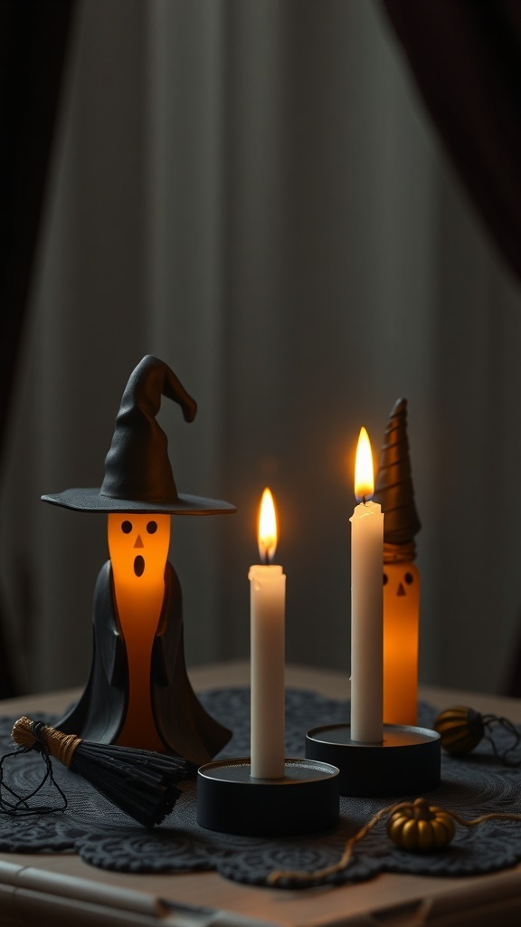 A witch candle holder with two lit candles, creating a spooky Halloween atmosphere.