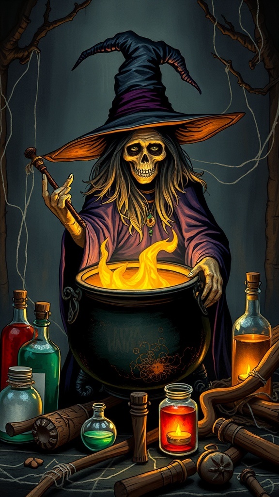 A spooky witch stirring a cauldron surrounded by colorful potion bottles and candles.