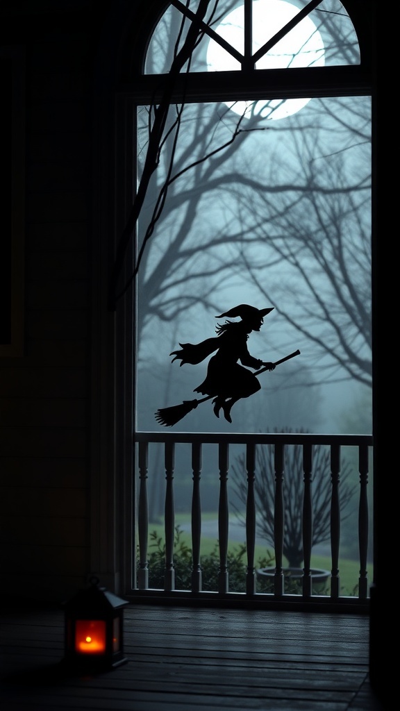 Silhouette of a witch flying on a broomstick against a full moon, viewed through a window with a lantern in the foreground.