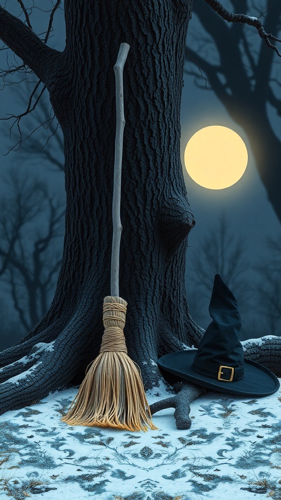 A broomstick and witch's hat leaning against a tree under a full moon