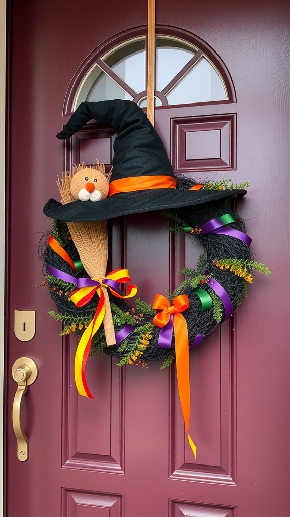 A Halloween wreath featuring a black witch's hat, colorful ribbons, and a broomstick.