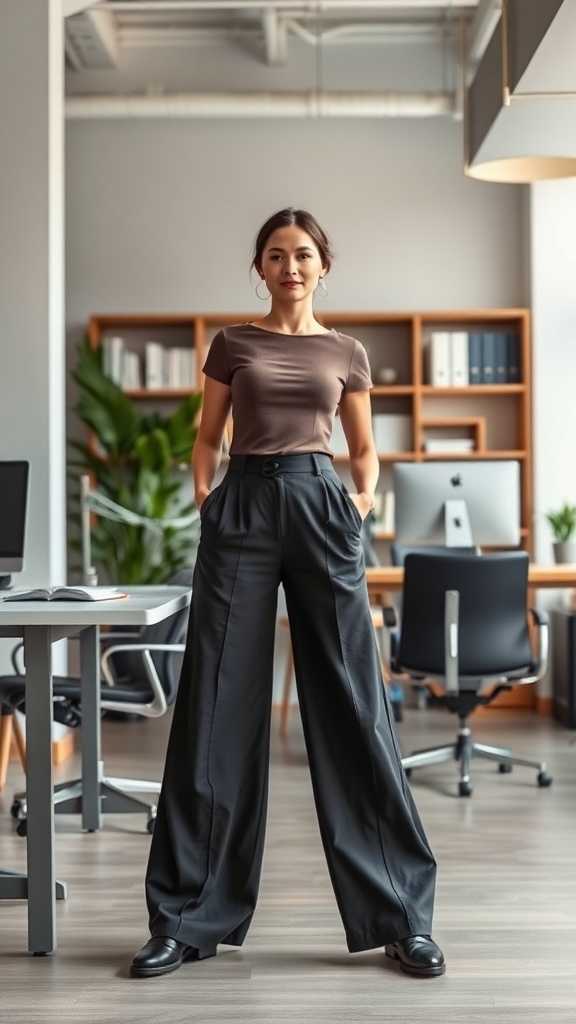 A woman wearing wide-leg trousers and a fitted top, standing confidently in an office setting.
