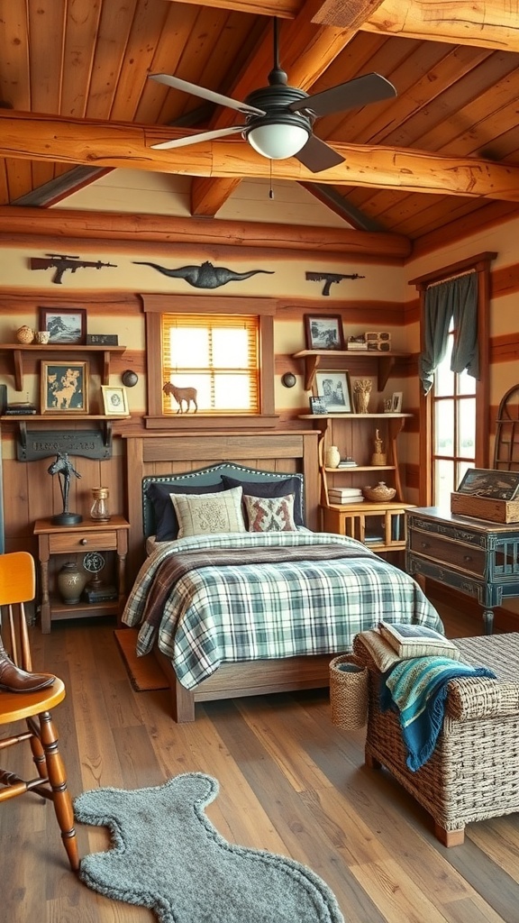 A cozy boys bedroom designed with a Wild West ranch theme, featuring wooden furniture, plaid bedding, and cowboy decor.