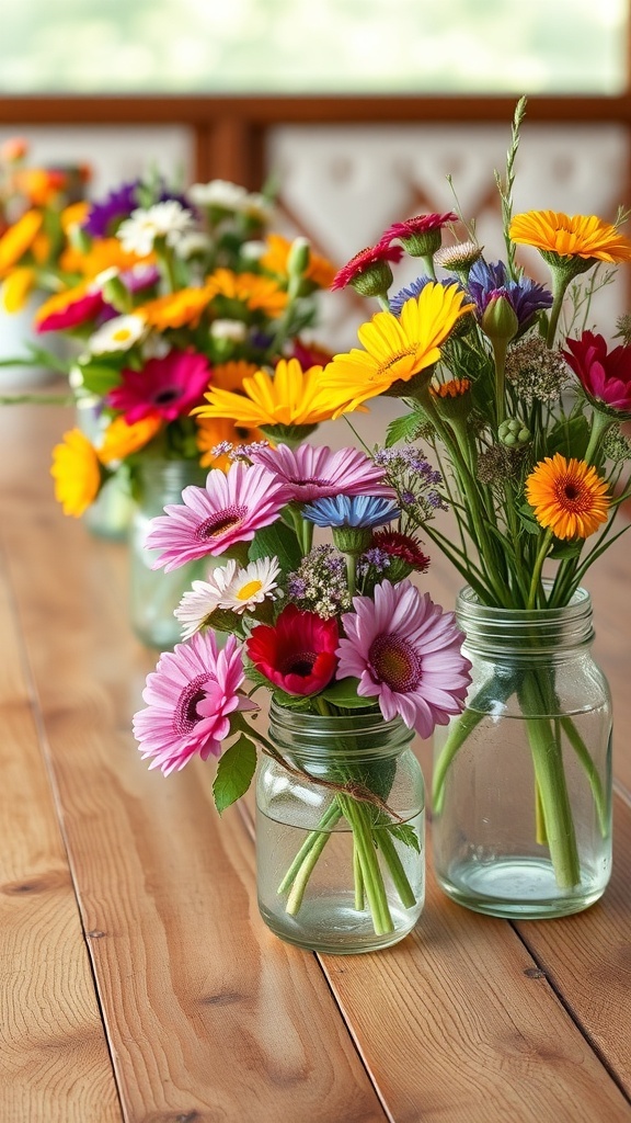 Colorful wildflower centerpieces in mason jars on a wooden table.