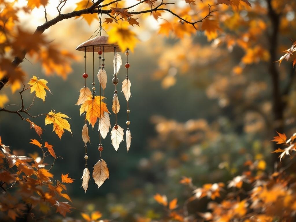 Wind chimes made of autumn leaves hanging from a tree branch